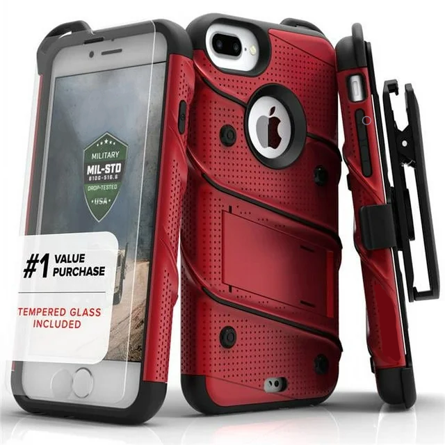 Bolt Series Case with Screen Protector, Holster, and Kickstand for iPhone 8 Plus, 7 Plus 6S Plus, 6 Plus - Red/Black