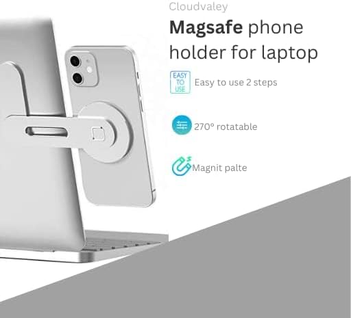 Magnetic Phone Holder for Laptop Designed for Cellphones, Tablets Adjustable Phone Monitor Side Mount, Slim Portable Foldable Computer Expansion Bracket, Silver