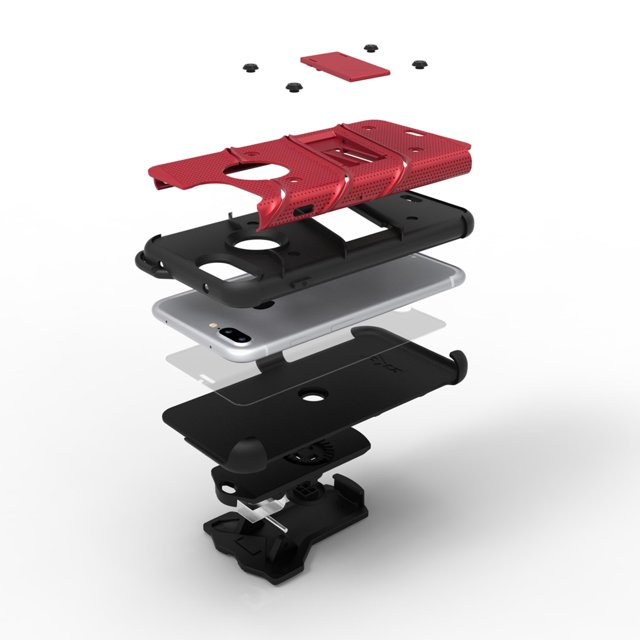 Bolt Series Case with Screen Protector, Holster, and Kickstand for iPhone 8 Plus, 7 Plus 6S Plus, 6 Plus - Red/Black