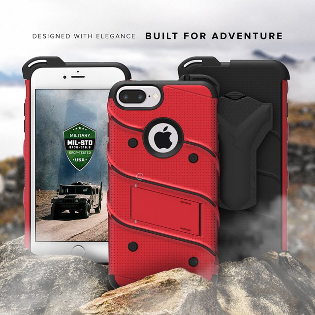 Bolt Series Case with Screen Protector, Holster, and Kickstand for iPhone 8 Plus, 7 Plus 6S Plus, 6 Plus - Red/Black
