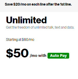 Verizon Wireless Unlimited 5G & 4G LTE $50/$60 Plan with No Throttling First Month