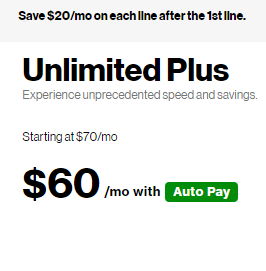 Verizon Wireless Unlimited 5G & 4G LTE $50/$60 Plan with No Throttling First Month