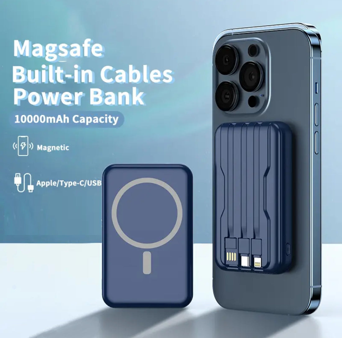 Portable Wireless Charger Powerbank Magnetic Power Bank 10000mAh with Built in Cables