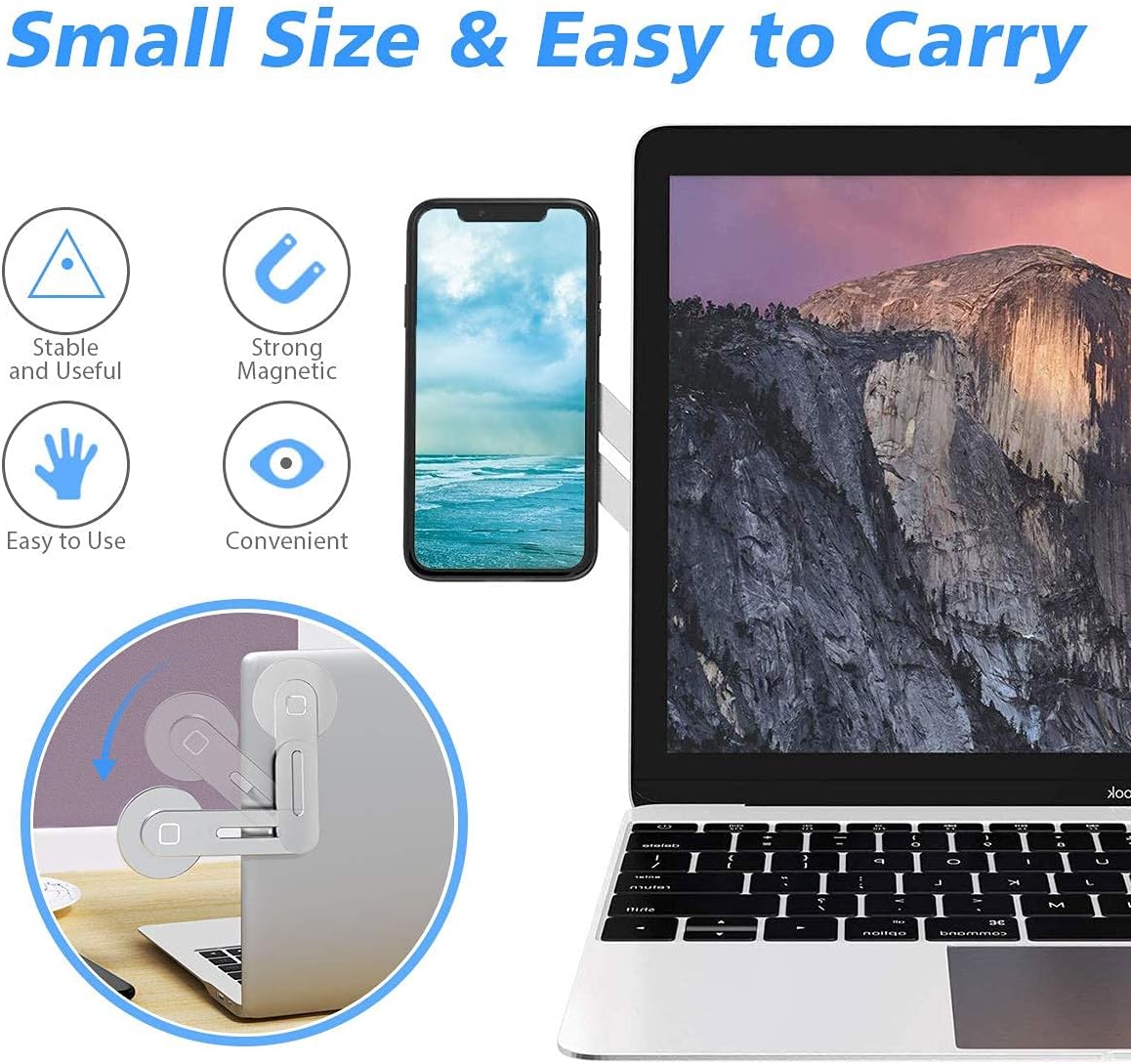 Magnetic Phone Holder for Laptop Designed for Cellphones, Tablets Adjustable Phone Monitor Side Mount, Slim Portable Foldable Computer Expansion Bracket, Blue