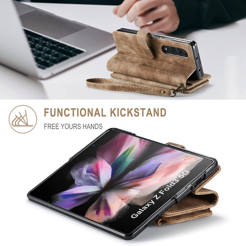 For Samsung Z Fold 4 Suede Leather Wallet Case with Zipper Card Holder Lanyard Strap Z Fold 4 Purse Handbag Magnetic Wallet for Woman