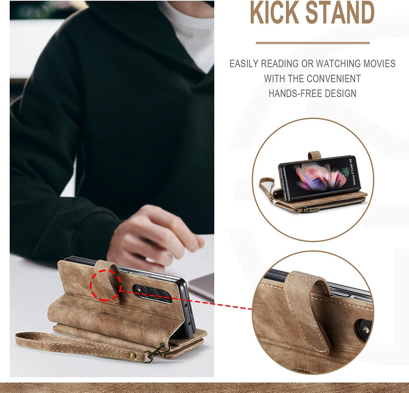 For Samsung Z Fold 4 Suede Leather Wallet Case with Zipper Card Holder Lanyard Strap Z Fold 4 Purse Handbag Magnetic Wallet for Woman