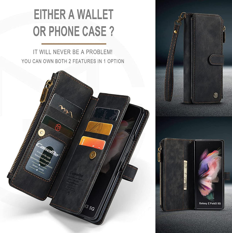 For Samsung Z Fold 4 Suede Leather Wallet Case with Zipper Card Holder Lanyard Strap Z Fold 4 Purse Handbag Magnetic Wallet for Woman