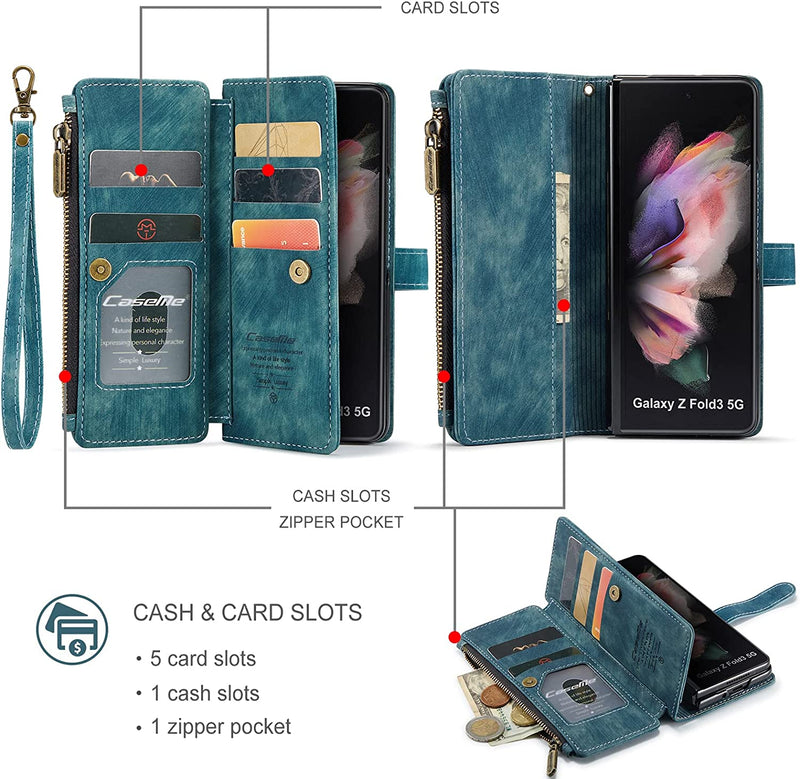 For Samsung Z Fold 4 Suede Leather Wallet Case with Zipper Card Holder Lanyard Strap Z Fold 4 Purse Handbag Magnetic Wallet for Woman