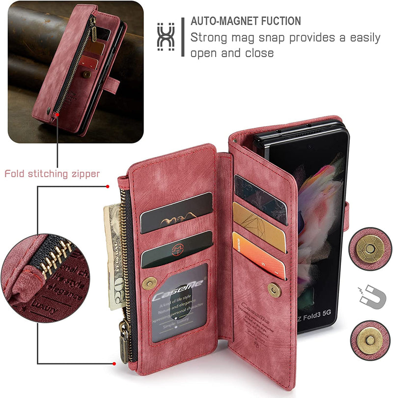 For Samsung Z Fold 4 Suede Leather Wallet Case with Zipper Card Holder Lanyard Strap Z Fold 4 Purse Handbag Magnetic Wallet for Woman