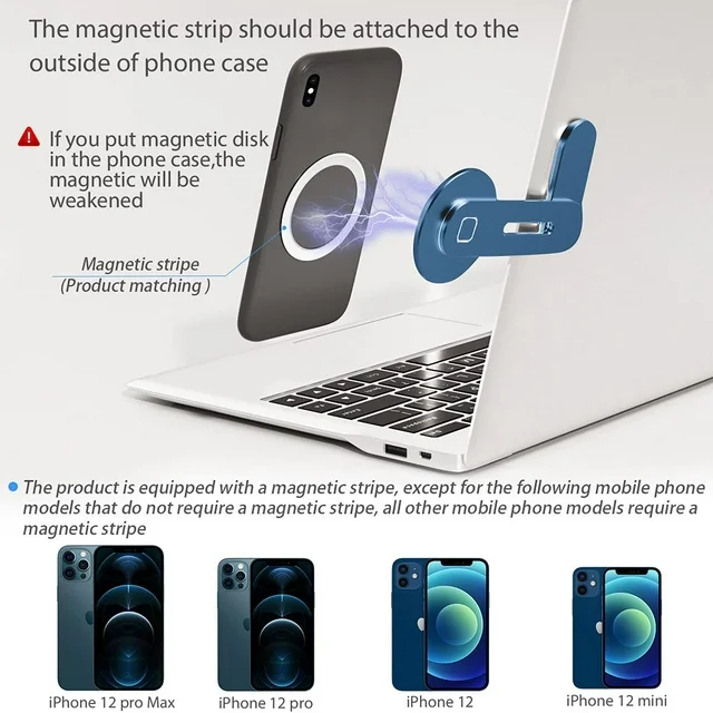 Magnetic Phone Holder for Laptop Designed for Cellphones, Tablets Adjustable Phone Monitor Side Mount, Slim Portable Foldable Computer Expansion Bracket, Blue