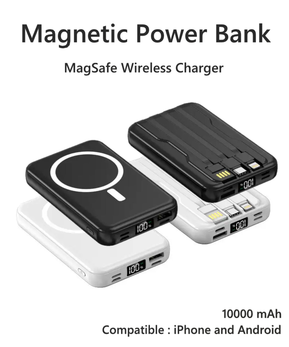 Portable Wireless Charger Powerbank Magnetic Power Bank 10000mAh with Built in Cables