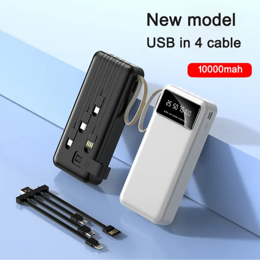 Digital display power bank comes with 4-wire 10000 mAh Capacity (1inch Display)