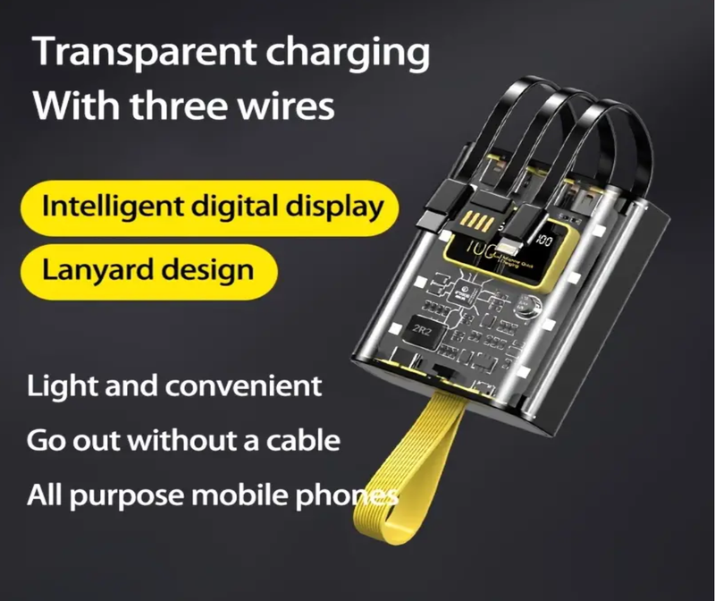 Black - Transparent USB Type-C Charging Power Bank, Mini Portable Super Charging Power Bank For Iphones/Andriod Phone Universal Power Bank