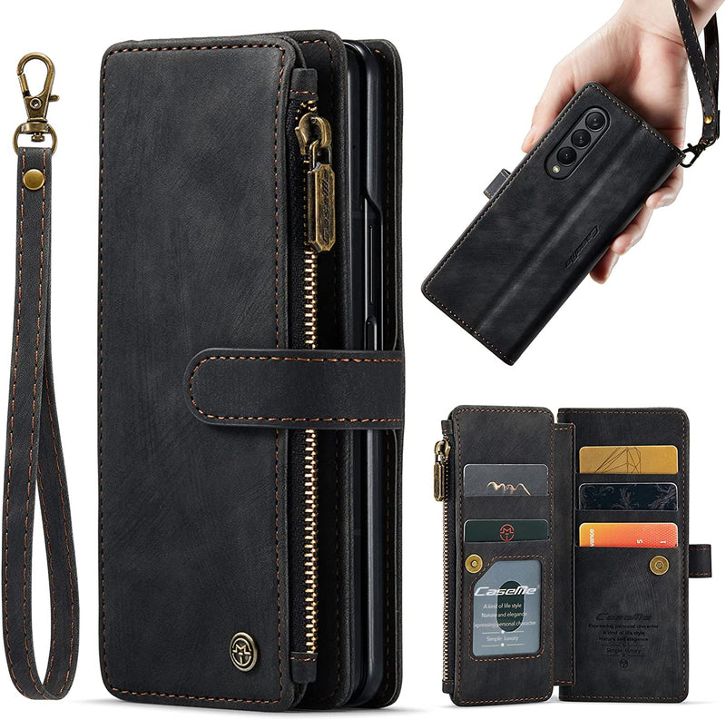 For Samsung Z Fold 4 Suede Leather Wallet Case with Zipper Card Holder Lanyard Strap Z Fold 4 Purse Handbag Magnetic Wallet for Woman