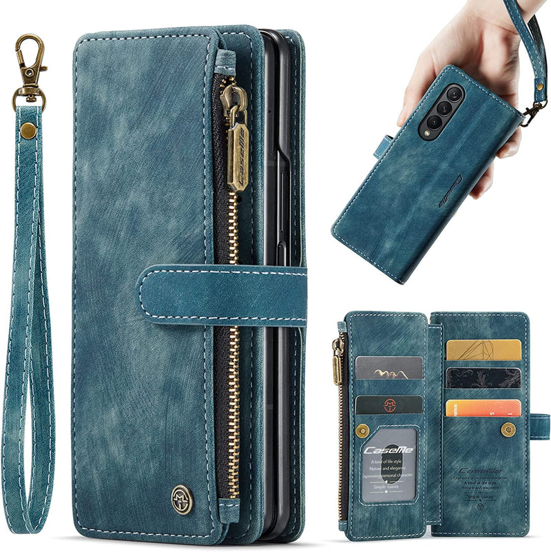 For Samsung Z Fold 4 Suede Leather Wallet Case with Zipper Card Holder Lanyard Strap Z Fold 4 Purse Handbag Magnetic Wallet for Woman