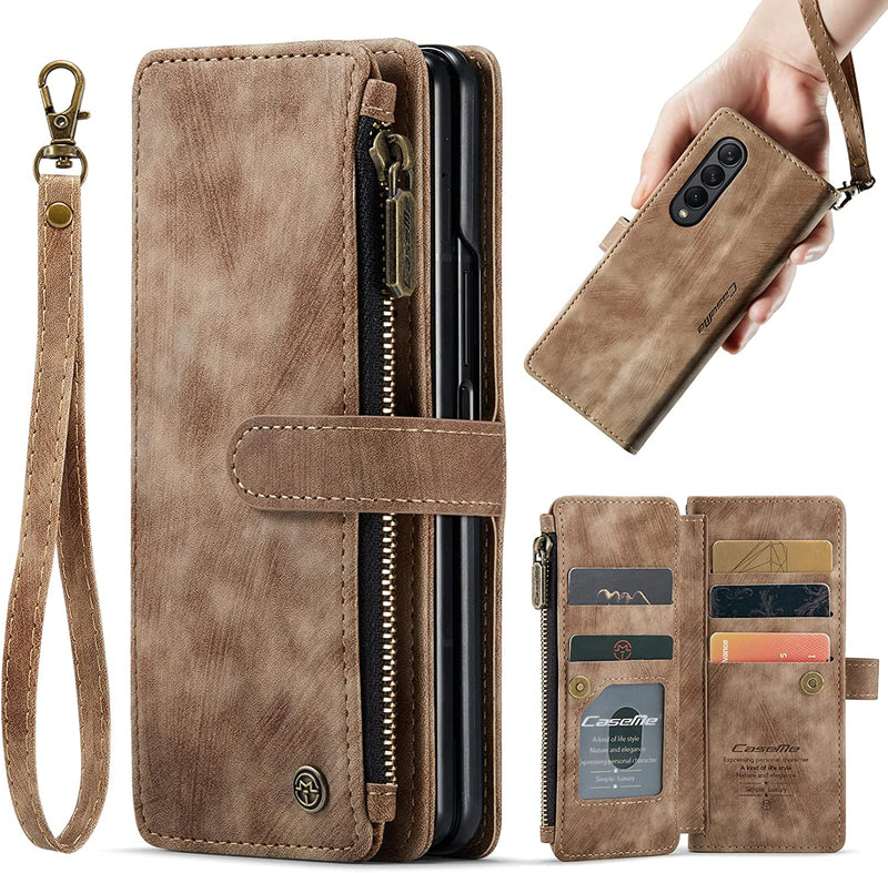 For Samsung Z Fold 4 Suede Leather Wallet Case with Zipper Card Holder Lanyard Strap Z Fold 4 Purse Handbag Magnetic Wallet for Woman