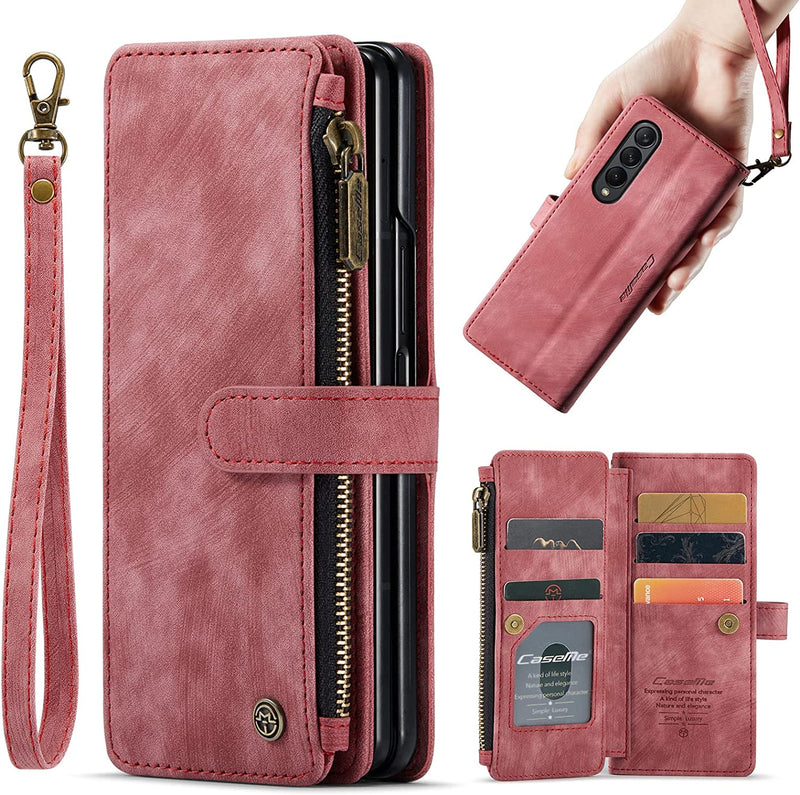 For Samsung Z Fold 4 Suede Leather Wallet Case with Zipper Card Holder Lanyard Strap Z Fold 4 Purse Handbag Magnetic Wallet for Woman